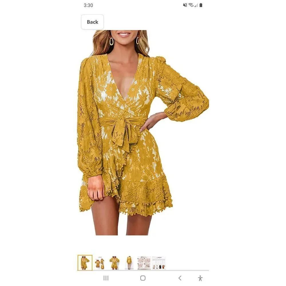 New XL Farysays Lace Wrap Mini Dress Floral V-Neck Yellow Gold Short Dress NWOT
